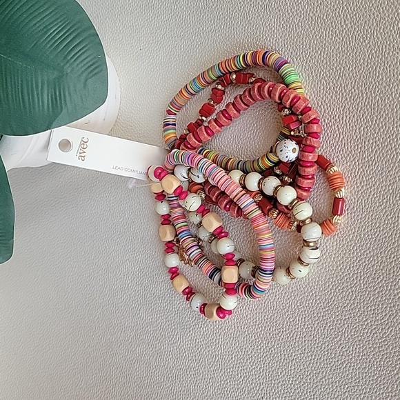 AVEC Colorful Red & Gold Tones Stretchy Beaded Bracelet Set of 7 - Picture 7 of 10